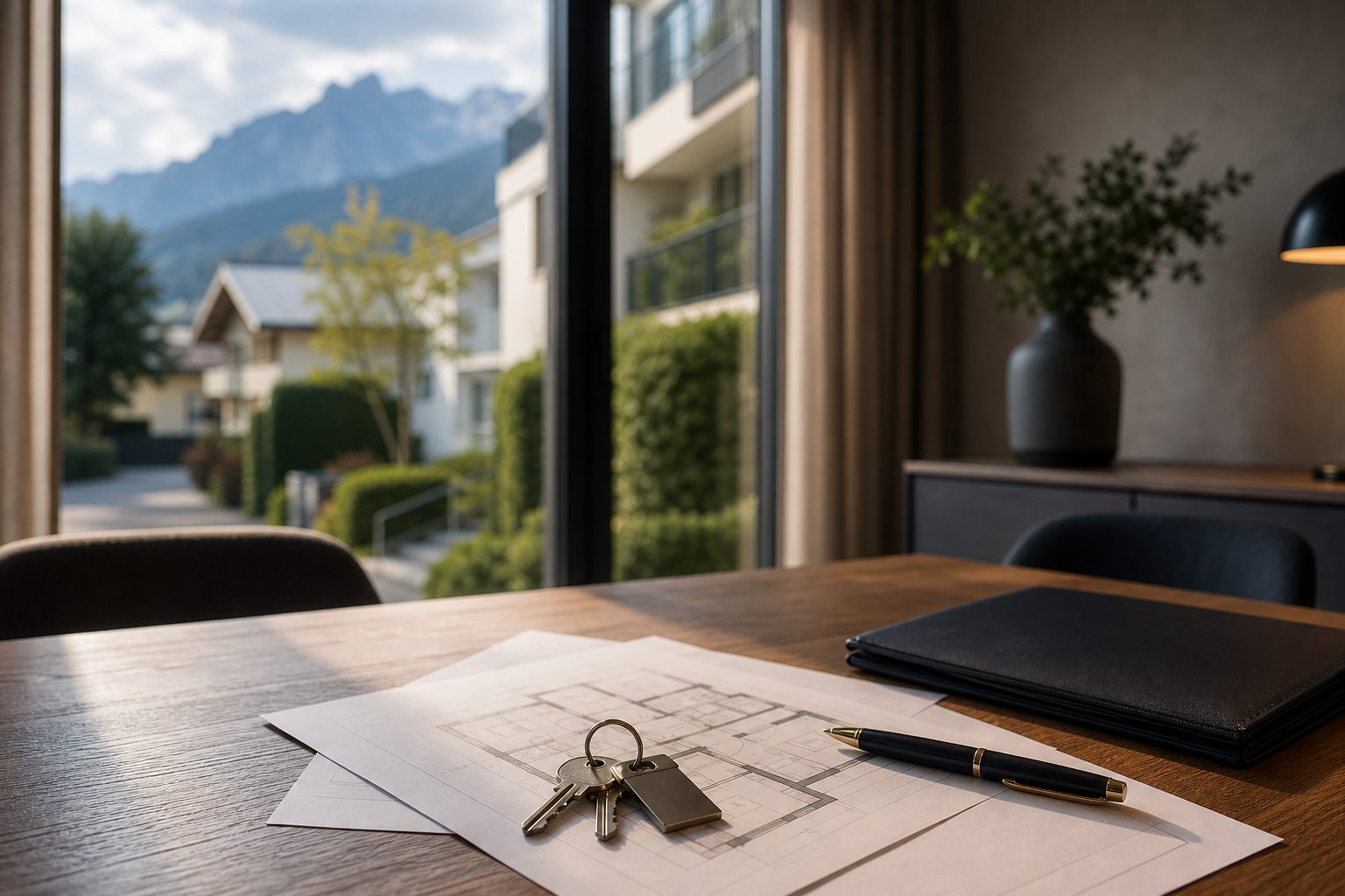 Verkaufsunterlagen, Schlüssel und Grundriss für Immobilienverkauf in Tirol
