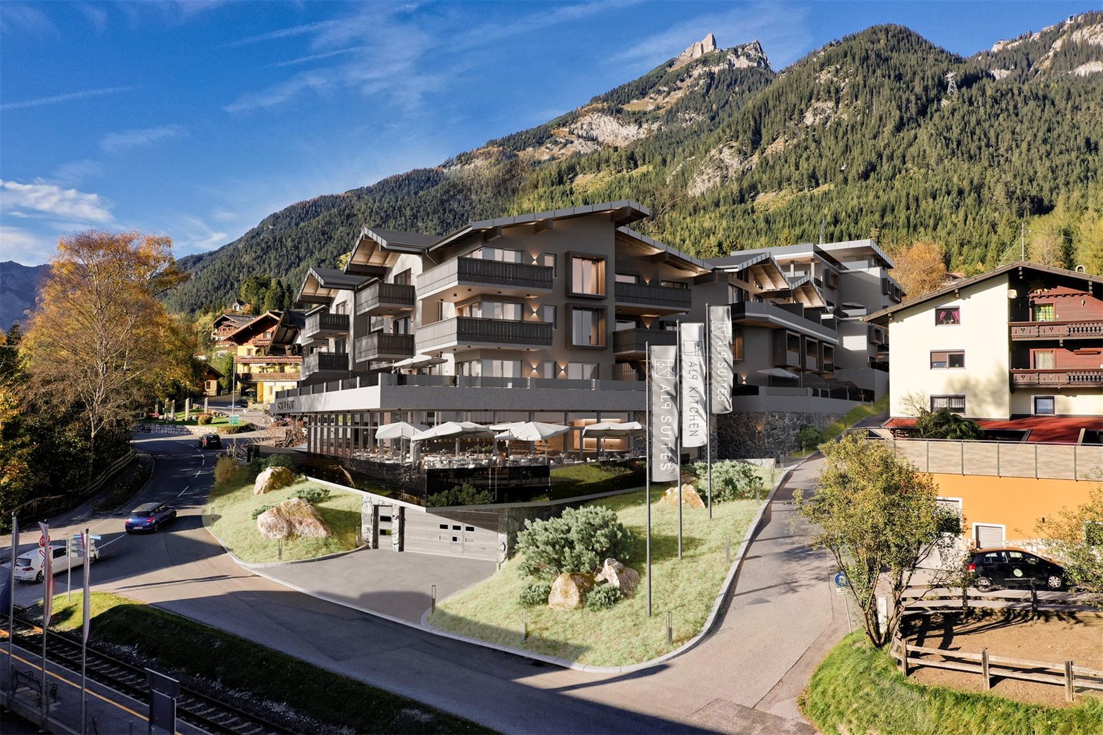 ALP Suites Maurach Achensee Premium-Apartments vor Bergkulisse