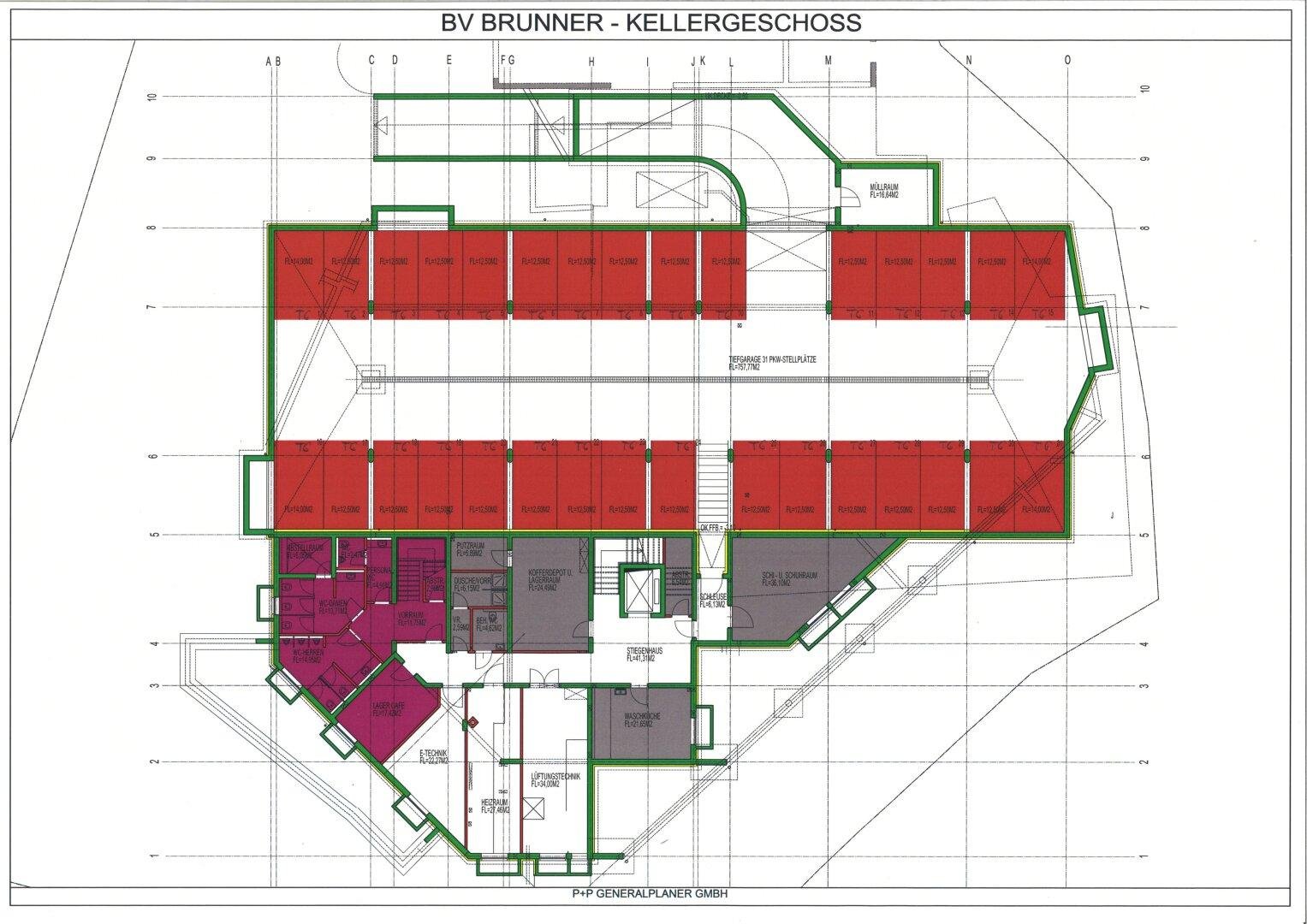 Grundriss Kellergeschoss Geschäftslokal Kaltenbach mit Tiefgarage und Abstellplätzen